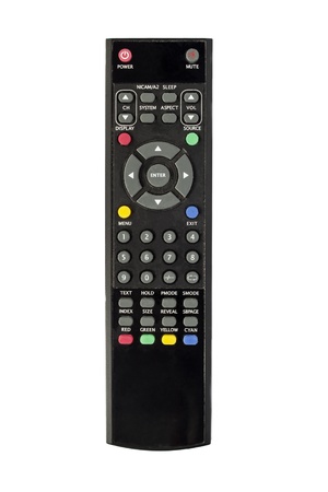 Black TV remote control on white backgroundの写真素材