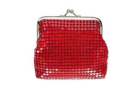 Red glossy metal meshy purse with silver clasp isolated over whiteの写真素材