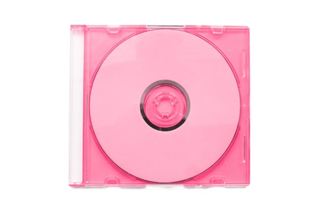 Pink compact disc in a plastic box on white backgroundの写真素材