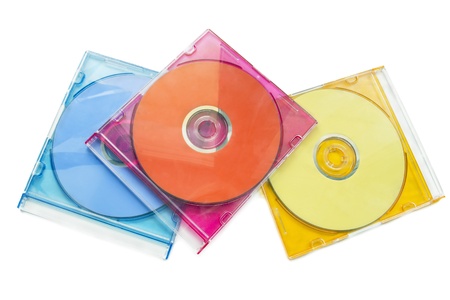 Group of three CD in plastic boxes on white backgroundの写真素材