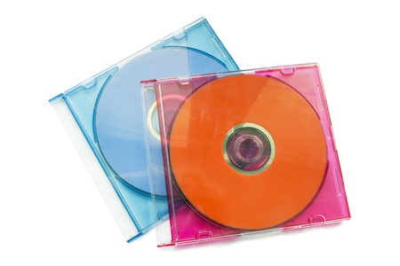 Two compact discs in transparent boxes on white backgroundの写真素材