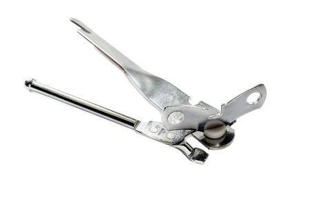 Vintage mechanical can opener on white backgroundの写真素材