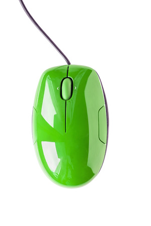 Green wired computer mouse isolated over whiteの写真素材
