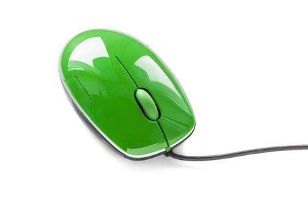 Green glossy wired computer mouse on white backgroundの写真素材