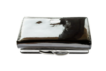 Closed black glossy leather wallet on white backgroundの写真素材