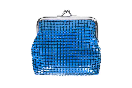 Blue glossy metal meshy purse with silver clasp isolated over whiteの写真素材