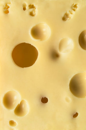 Yellow cheese with holes closeup as a background