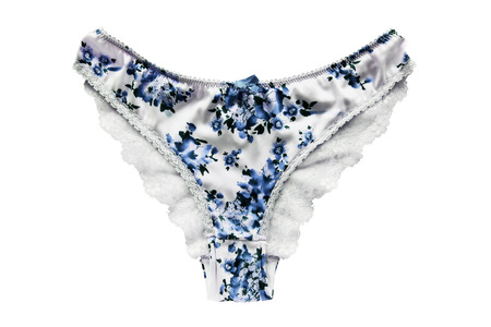 Silky panty with blue floral ornament isolated over whiteの写真素材