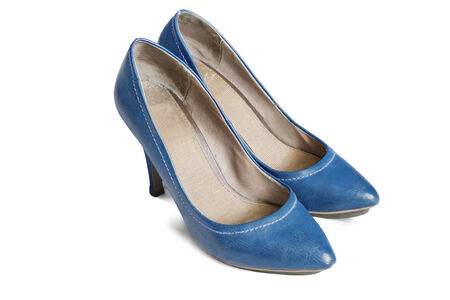Classic high heeled blue shoes on white backgroundの写真素材