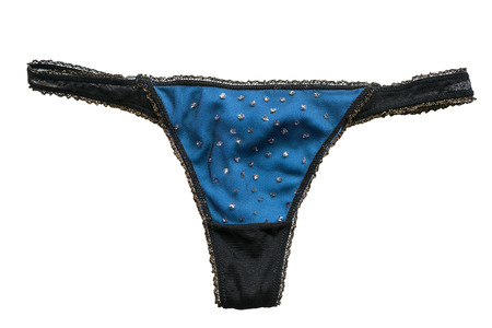 Blue and black thongs panty with metallic decor isolated over whiteの写真素材