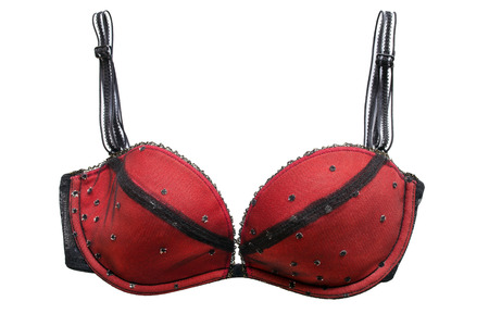 Red and black sexy push up bra on white backgroundの写真素材