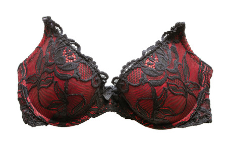 Red strapless bra with black embroidery on white backgroundの写真素材