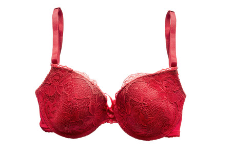 Red lacy push up bra isolated over whiteの写真素材
