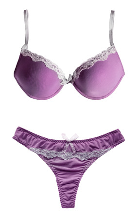 Purple lingerie set with white lace on white backgroundの写真素材
