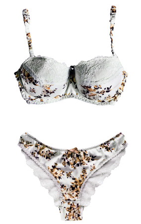 White satin lingerie set with beige ornament on white backgroundの写真素材