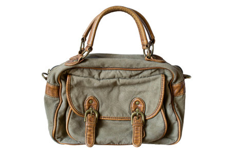 Textile bag with leather decor isolated over whiteの写真素材
