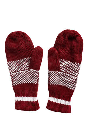 Red and white wool mittens on white backgroundの写真素材