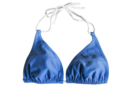 Blue bikini top with white laces isolated over whiteの写真素材