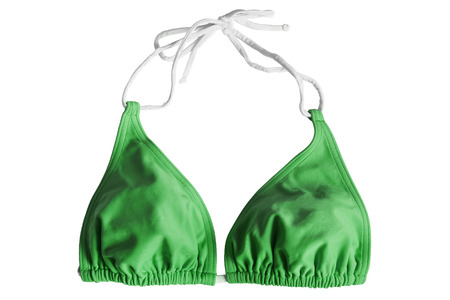 Green bikini top with white laces isolated over whiteの写真素材