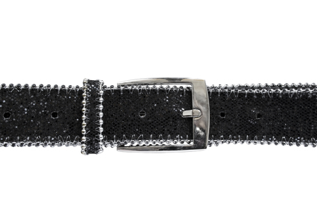 Black sparkling belt with silver buckle isolated over whiteの写真素材