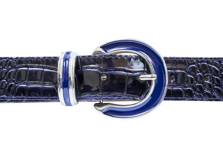 Blue crocodile leather belt on white backgroundの写真素材