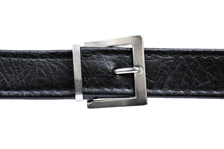 Classic black leather belt isolated over whiteの写真素材