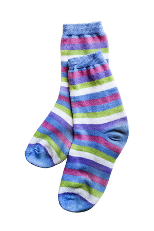 Striped colorful socks on white backgroundの写真素材