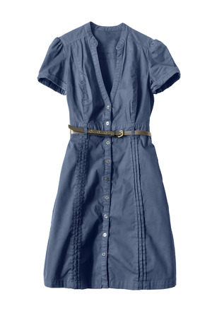 Blue cotton button-down dress with a belt isolated over whiteの写真素材