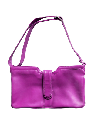 Leather bright pink shoulder bag isolated over whiteの写真素材