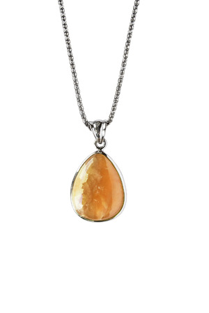 Amber pendant on silver chain isolated over whiteの写真素材