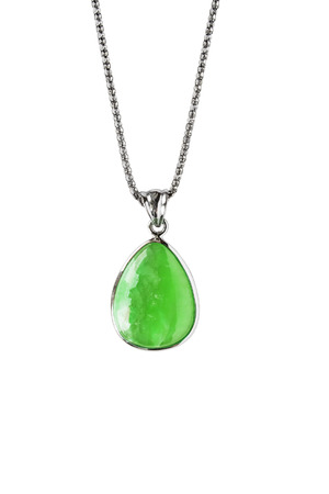 Silver chain with greenstone pendant isolated over whiteの写真素材