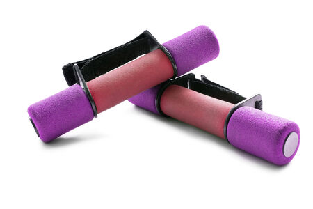 Pink fitness dumbbells on white backgroundの写真素材
