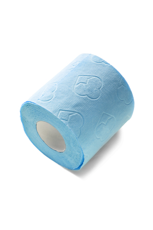 Blue roll of toilet paper isolated over whiteの写真素材