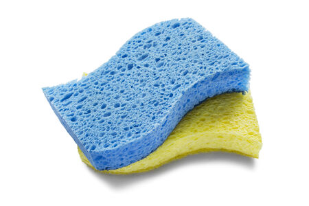 Blue and yellow sponges isolated over whiteの写真素材