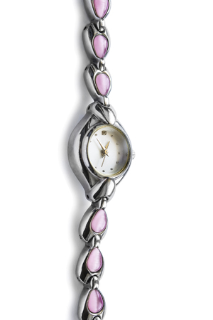 Wristwatch on silver bracelet with pink gems isolated over whiteの写真素材