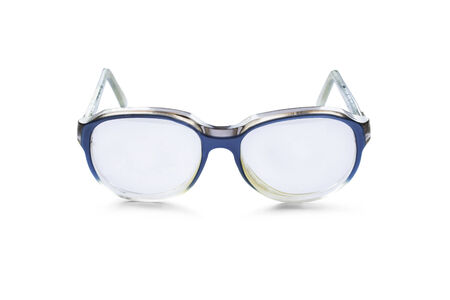 Eyeglasses in blue plastic frames on white backgroundの写真素材