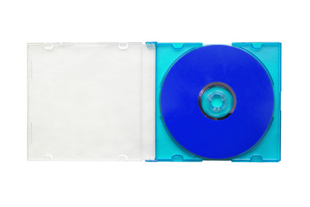 Blank blue CD in opened box on white backgroundの写真素材