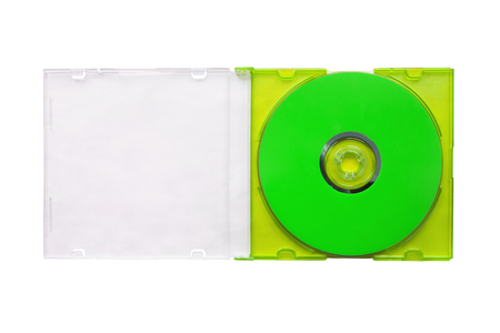 Blank green CD in opened transparent box isolated over whiteの写真素材