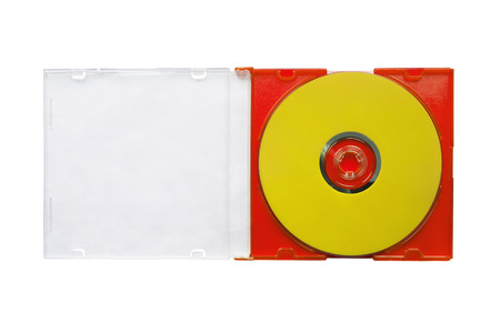 Blank yellow CD in opened red box isolated over whiteの写真素材