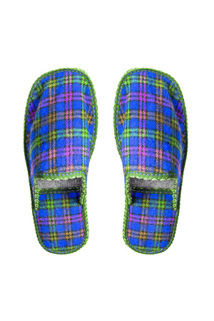 Pair of  blue wool squared slippers on white backgroundの写真素材