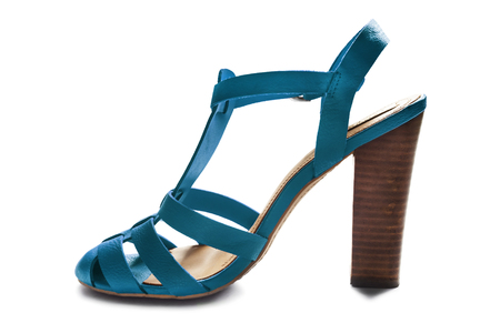 Blue leather high heeled sandal isolated over whiteの写真素材