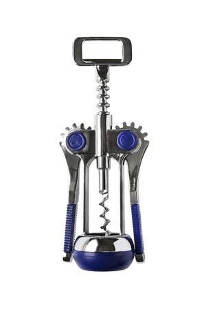 Metal and blue corkscrew isolated over whiteの写真素材