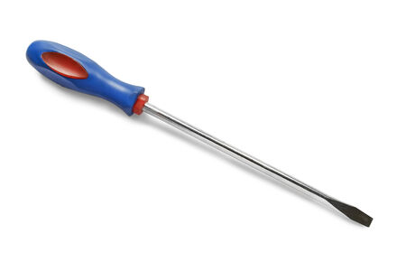 Long screwdriver with blue handle on white backgroundの写真素材