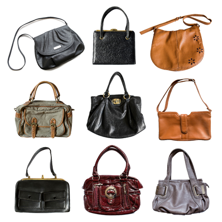 Set of different female shoulder bags on white backgroundの写真素材