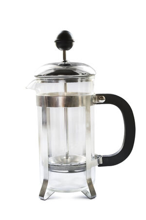 Empty glass french press pot isolated over whiteの写真素材