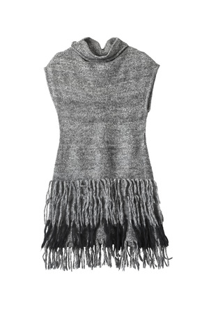 Gray wool dress with fringe on the skirt isolated over whiteの写真素材