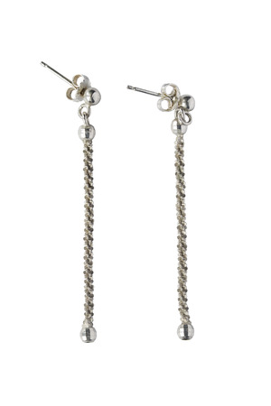 Silver long chain earrings isolated over whiteの写真素材