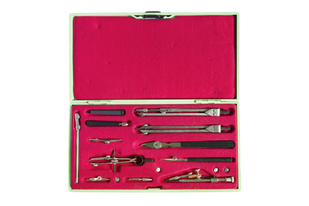 Set of drawing tools in a box isolated over whiteの写真素材