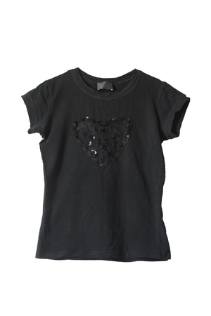Black t-shirt decorated with sequins on white backgroundの写真素材