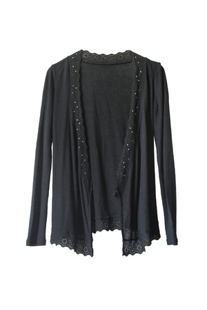 Black knitwear jacket decorated with lace on white backgroundの写真素材